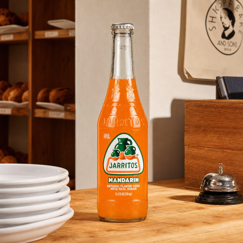 Jarritos Mandarin Soda Glass Bottle.