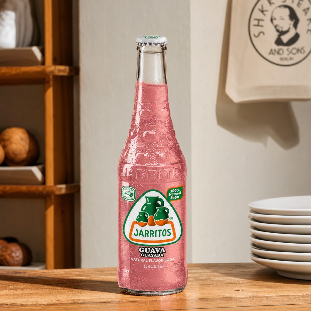 Jarritos Guava Soda Glass Bottle.
